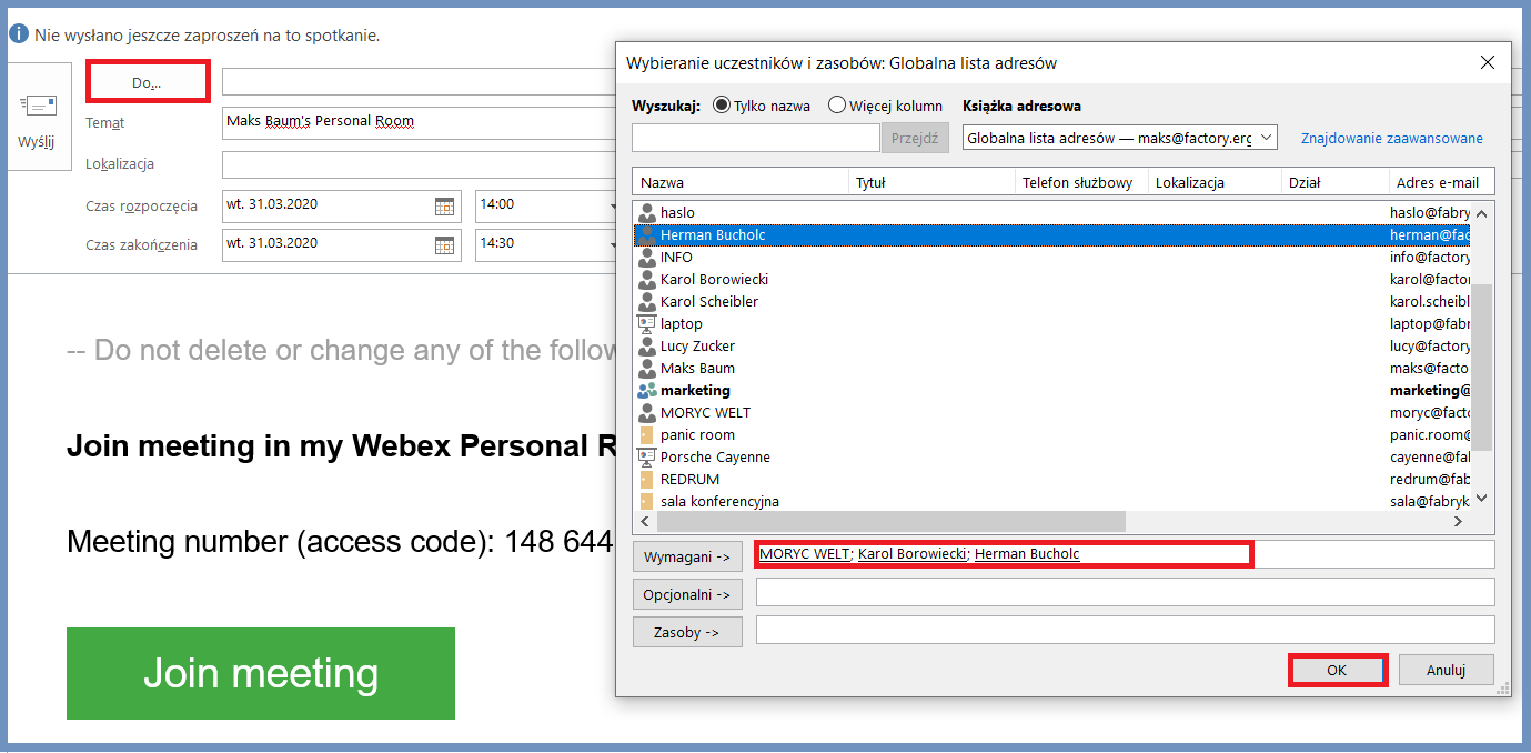 Planowanie spotkania Webex w Outlooku_wybieranie adresów uczestników z książki adresowej